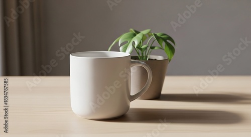Minimalist White Coffee Mug and Potted Plant on Wooden Table with Natural Light and Shadow