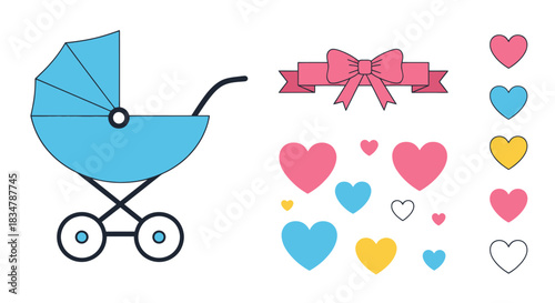Classic Blue Baby Stroller and Assorted Heart Embellishments.