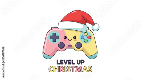 Cute Kawaii Gamer Controller with Santa Hat Vector