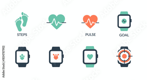 Set of Fitness Tracker Icons: Steps Heart Rate Pulse and Smartwatch Goals.