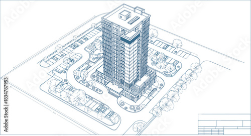 Architectural blueprint of a modern high rise building with surrounding landscape and parking