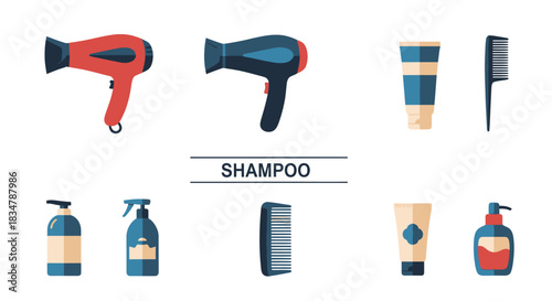 Collection of Hair Care Tools and Products for Styling and Washing.