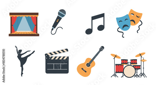 Colorful flat icon set representing performing arts music theater dance and cinema.