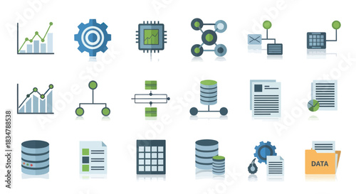 Data analytics and technology icons set illustrating processing storage and visualization concepts.