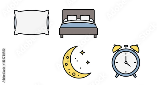 Sleep and Bedtime Icons: Pillow Bed Moon Alarm Clock Illustration.