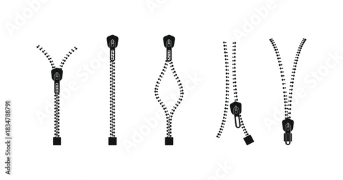 Five isolated black zipper silhouettes showcasing open, closed, broken, and sliding states, perfect for fashion, clothing, and repair designs