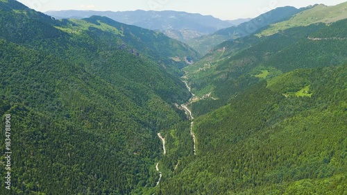 Altindere, Trabzon Province, Turkey. Altindere Valley Park. Panoramic views during the day. Flying through the valley. Coniferous forest on the slopes. Aerial View
