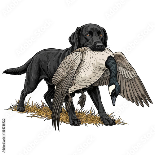 Black Labrador dog retrieving a Canada goose waterfowl game bird standing on hay