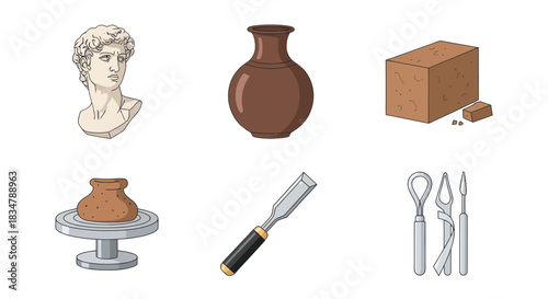 Sculpting and Pottery Art Creation Elements: Clay Tools Bust Vase Wheel.