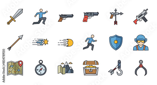 Collection of Colorful Vector Icons Depicting Weapons and Adventure Elements.