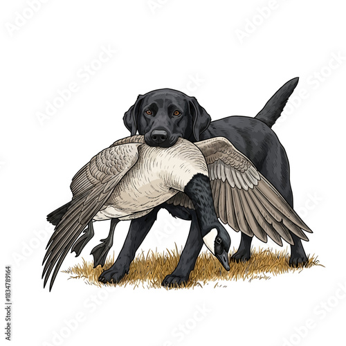 Black Labrador dog retrieving a Canada goose waterfowl game bird standing on hay