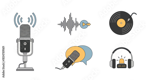 Collection of Audio and Podcasting Icons with Microphone Sound Waves and Vinyl Record.