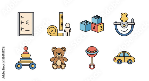 Colorful Baby Toys Collection: Ruler Measuring Tape Blocks Bib Stacker Teddy Bear Rattle and Car.