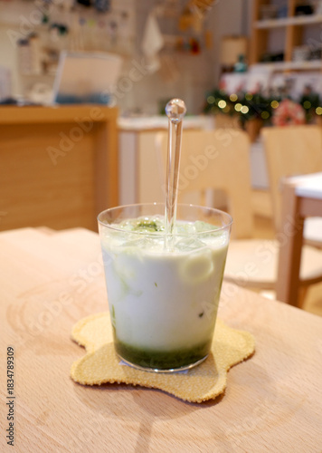 korea matcha latte tea cold drink cafe glass cup