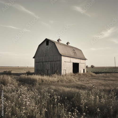 Photograph a distant silo shed or storage barn set against a bro