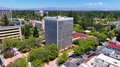 City of Palo Alto (City Hall) aerial view at 250 Hamilton Avenue in historic city center of Palo Alto, California CA, USA. 