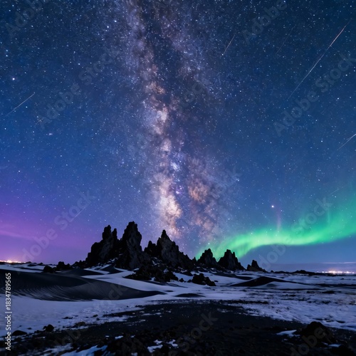 Photograph a landscape under a starry sky or during the aurora b