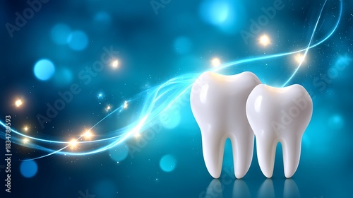 Two Glossy Teeth on a Sparkling Blue Background with Light Effects