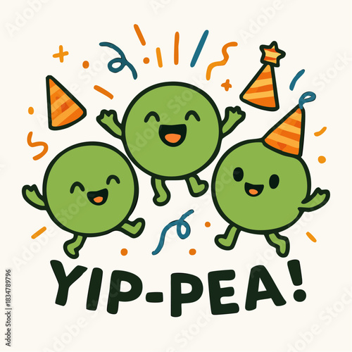 YIP-PEA! with party hats and confetti joy in a trio of dancing green peas