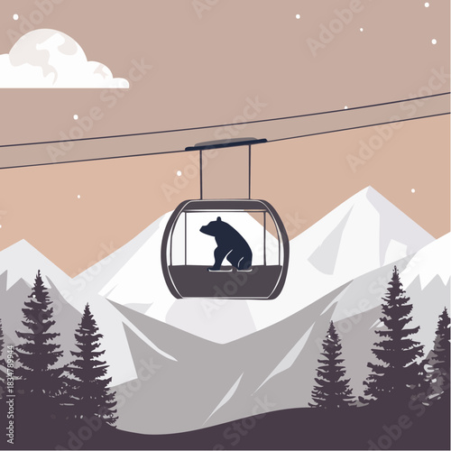 starry gondola ride with bear above snowy peaks and pine trees in a serene mountain dream