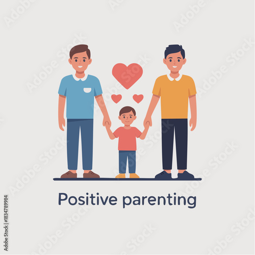 three-heart moment of love and support with smiling adults and child in a positive parenting pose