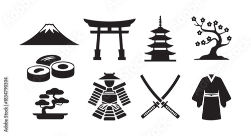 Set of japan cultural symbols vector illustration collection isolated on white background