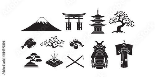 Set of japan cultural symbols vector illustration collection isolated on white background