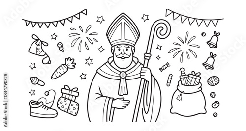 Saint Nicholas Day Illustration With Gifts And Stars Garland Festive Design Vector Icon