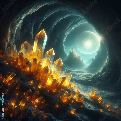 Radiant Yellow Crystals in a Moonlit Cave