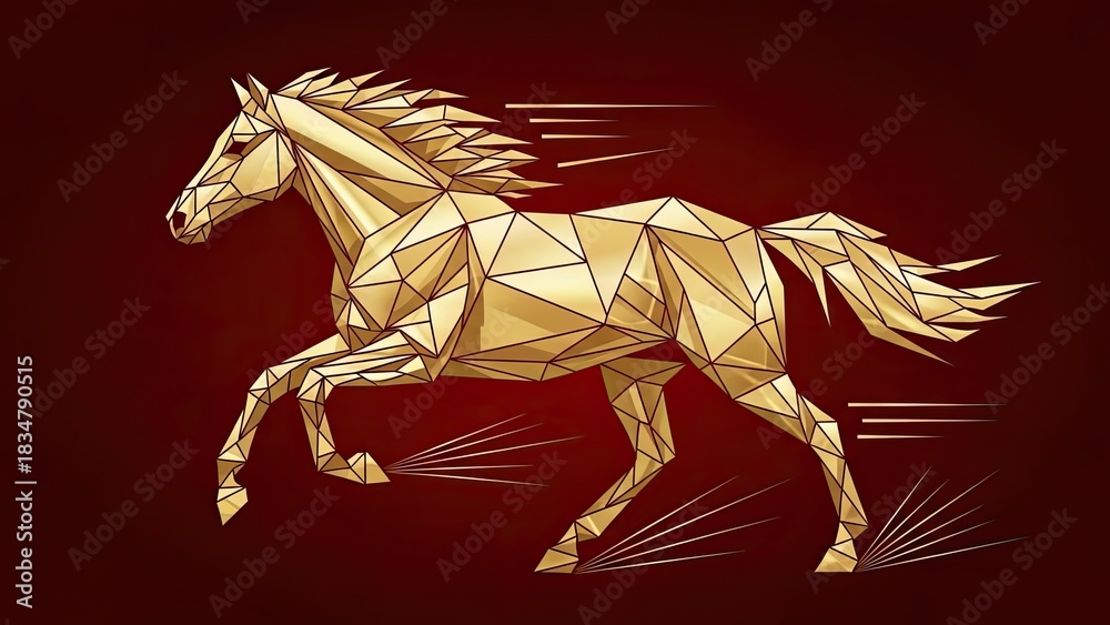 Fototapeta premium A golden polygonal horse gallops with dynamic speed, an elegant abstract representation of power and motion on a red background