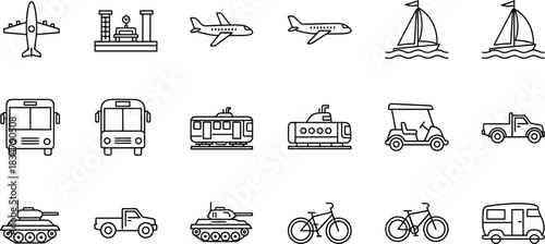 Transportation Modes Black Line Icons Set: Airplane, Bus, Tram, Submarine, Military Tank, Golf Cart, and Vehicle Shipping Graphic Elements Collection.