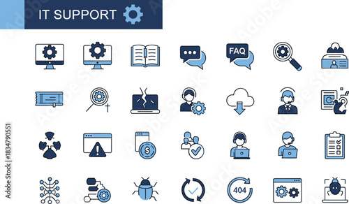 IT support icons set, flat vector illustration of technical assistance, diagnostics, troubleshooting, customer service, and system maintenanceIT support icons set