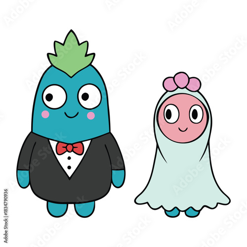 Cute kawaii groom monster and bridezilla share a hilarious wedding moment, blending sweet charm and wild energy as they celebrate love in the most adorable monster style.
