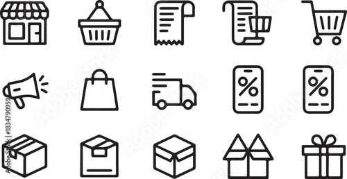 A comprehensive collection of clean vector line icons for e-commerce and online shopping, depicting various retail and digital business concepts