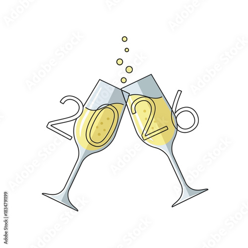 Creative hand drawn champagne glasses clinking for New Year 2016 toast.