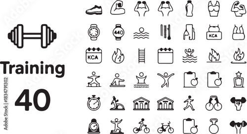 A comprehensive set of 40 modern, clean outline vector icons depicting various training, fitness, and healthy lifestyle activities, perfect for digital design