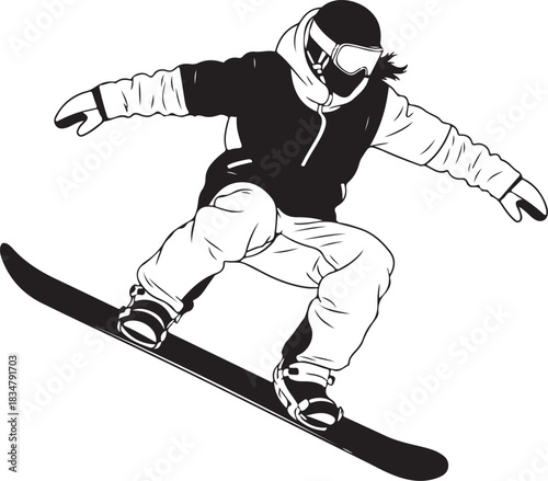snowboarder riding a board action figure

snowboarder sketch performing a trick

snowboarder winter sport line art graphic