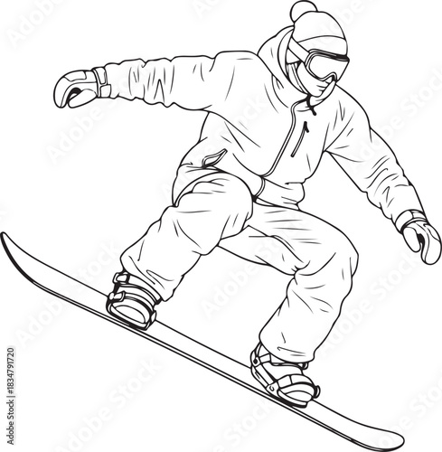 snowboarder riding a board action figure

snowboarder sketch performing a trick

snowboarder winter sport line art graphic