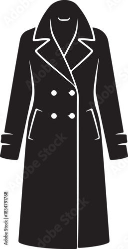 vector illustration of a female jacket Elegant Maxi-Length Overcoat with Lapels Vector Silhouette

Classic Long Trench Coat Illustration - Formal Outerwear

Women's Formal Long Winter Coat Icon 