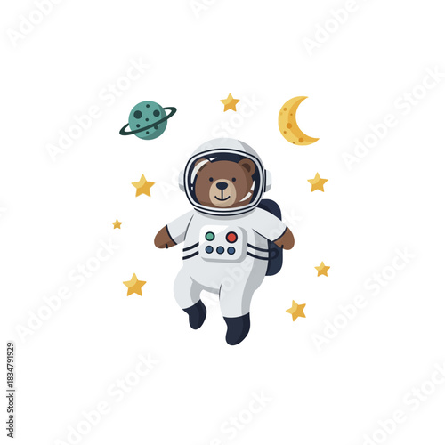 Cute Astronaut Bear Floating in Space with Planets and Stars.