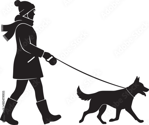 Dog walking woman winter silhouette

Dog walker female with pet vector

Dog owner walking animal on leash