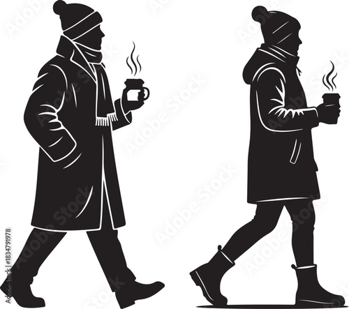 Vector Silhouette of Person Walking in Winter Coat and Hat

Cozy Winter Stroll Illustration with Steaming Coffee Cup

Casual Winter Fashion Icon - Hat, Boots, and Parka Profile