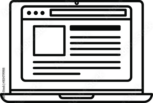 Laptop Computer Black Line Icon: Digital Technology, Web Page Interface, Online Browsing, Website Design, Blogging, and Internet Communication Graphic Element.