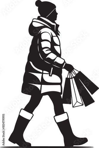 Shopping woman silhouette holding bags

Shopping girl with purchases vector icon

Shopping female consumer winter sale