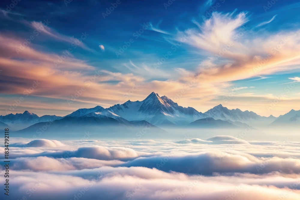 Fototapeta premium Serene Sunrise Over Snowy Mountain Range, Enveloped in a Sea of Clouds