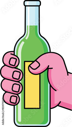 A cartoonstyle pink hand firmly gripping a green glass bottle with a blank yellow label.