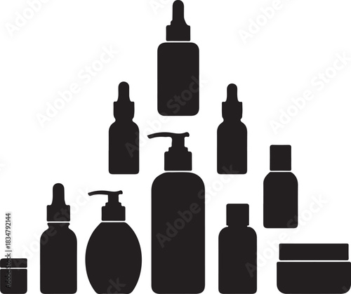 Cosmetic set packaging group silhouette

Cosmetic bottle collection silhouette graphic

Cosmetic pump dropper and jar set
