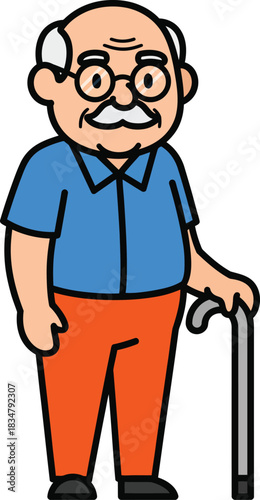 A cheerful elderly man cartoon character with glasses a white mustache and a walking cane.