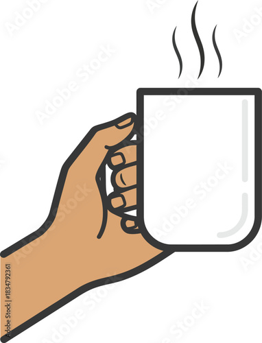 A flat design icon of a hand holding a steaming hot white ceramic mug.