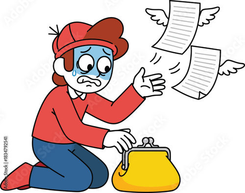A panicked cartoon boy in a red cap kneels with an empty yellow purse as winged bills fly away.